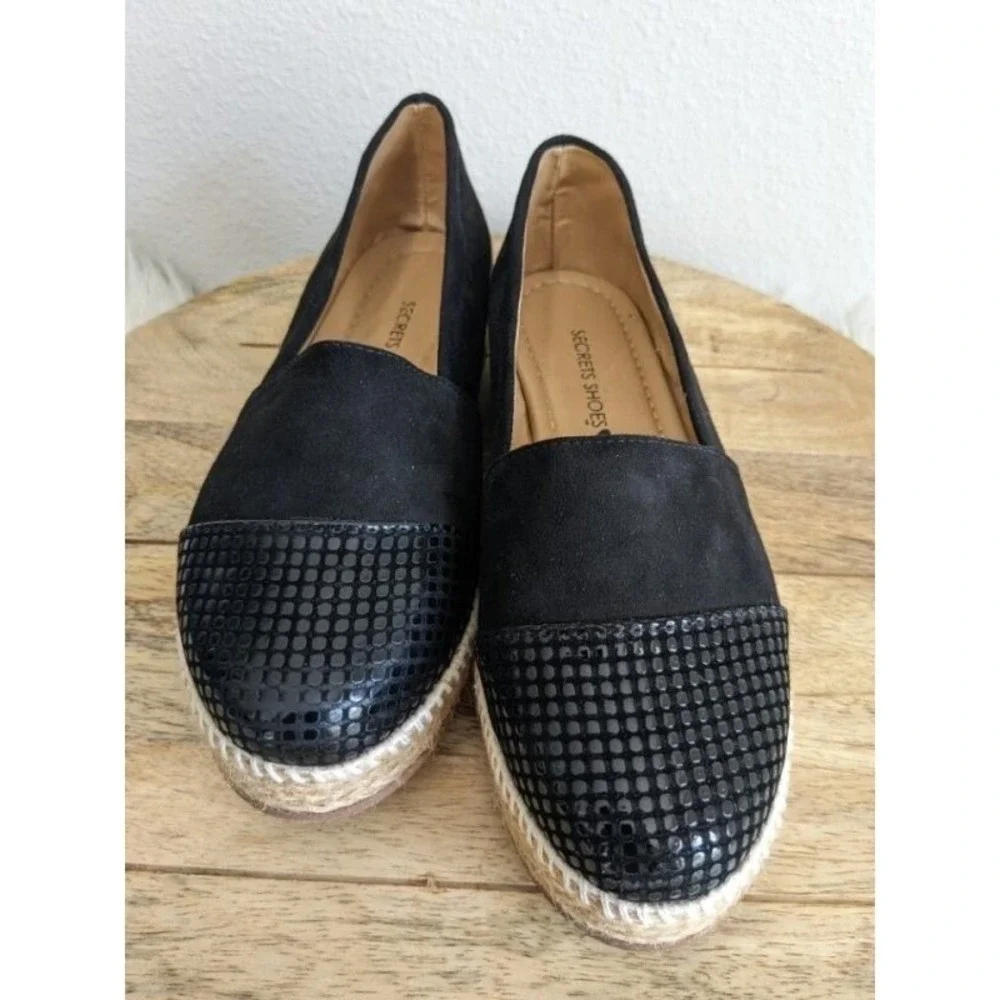 Womens Black Faux Suede Snake 8 Embossed‎ Cap Toe Espadrille Flats Shoes  NEW